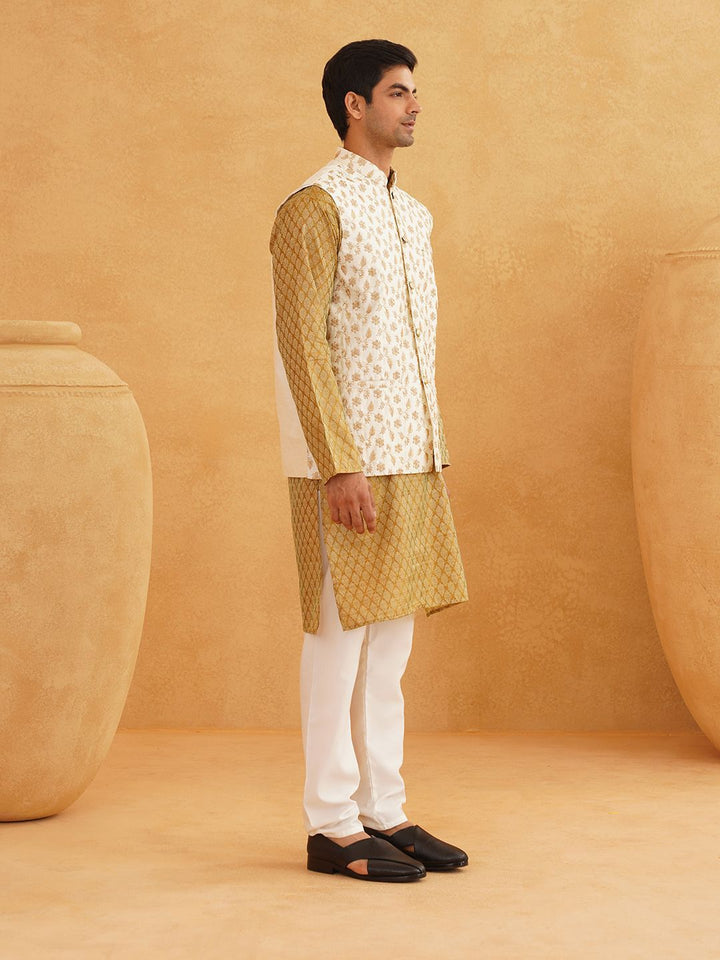 SOJANYA Ethnic Motifs Printed Mandarin Collar Kurta With Churidar And Nehru Jacket