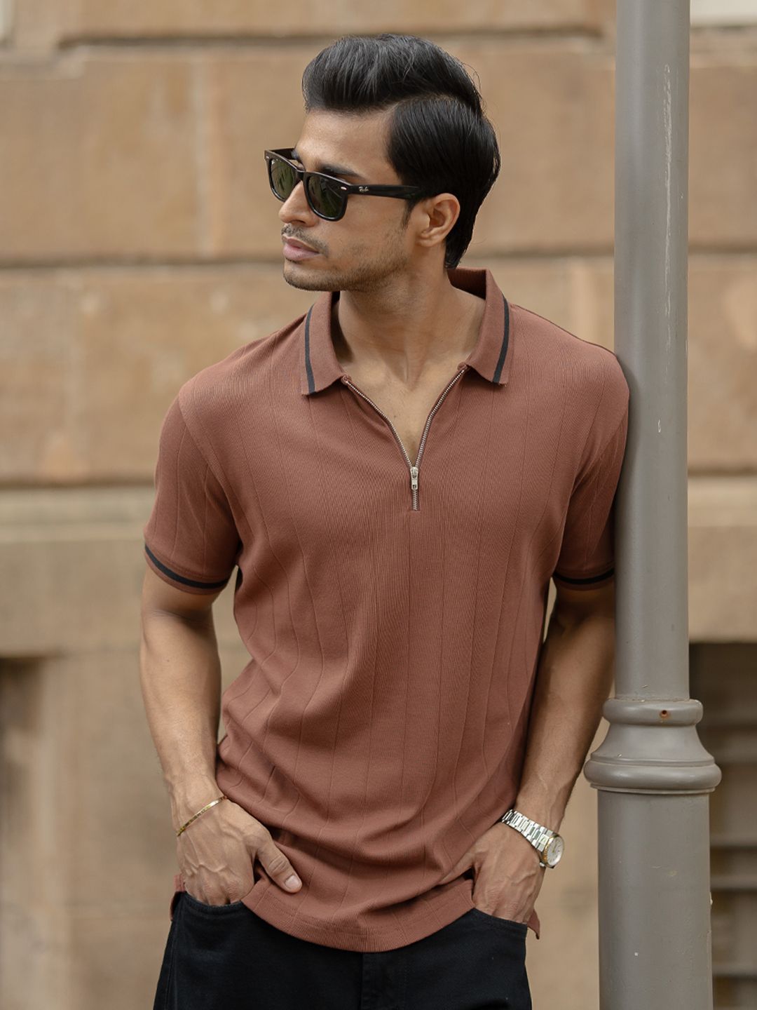Powerlook Men Self Design Polo Collar Pure Cotton T-shirt