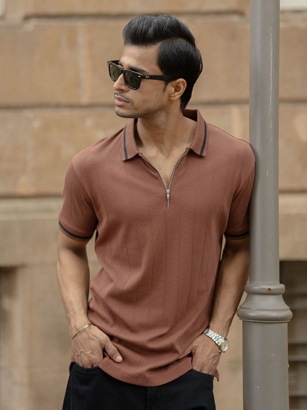 Powerlook Men Self Design Polo Collar Pure Cotton T-shirt