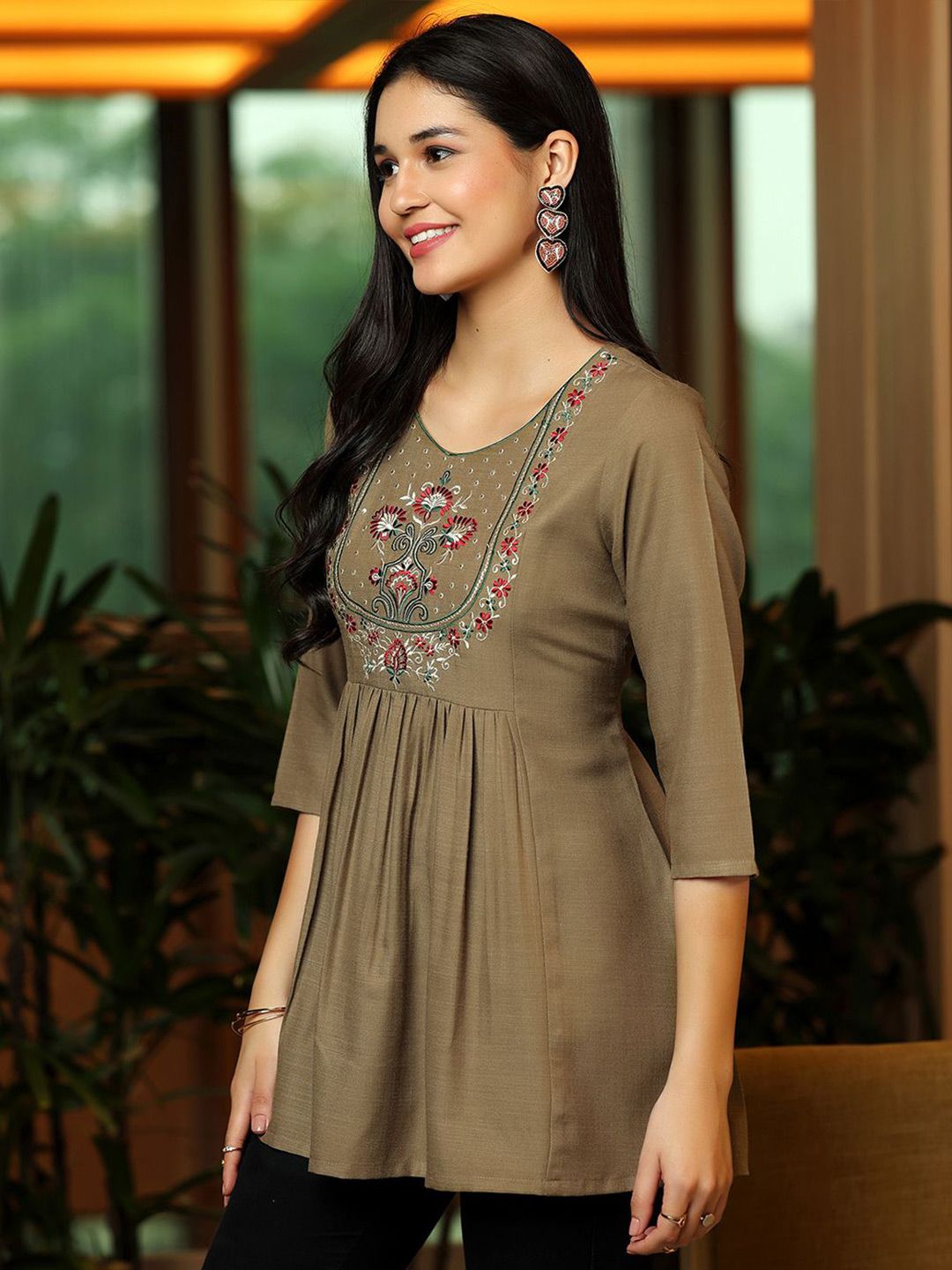 Libas Floral Yoke Design Thread Work Thread Work Pleated Kurti