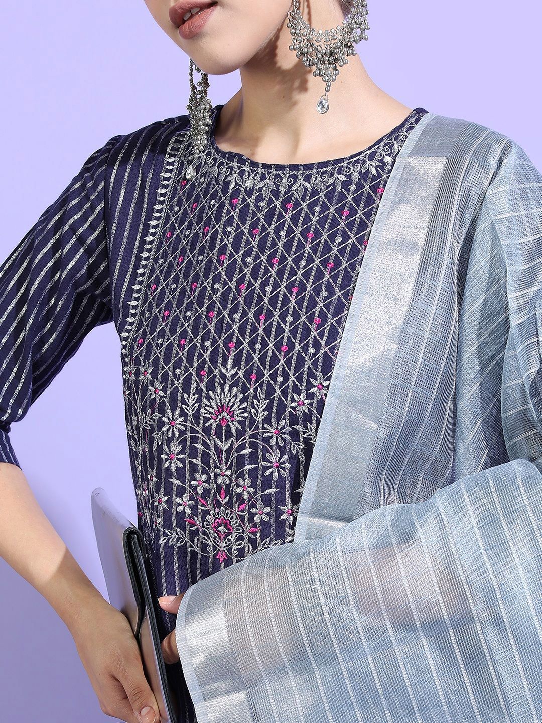 Vishudh Women Striped Regular Pure Cotton Kurta with Palazzos & With Dupatta