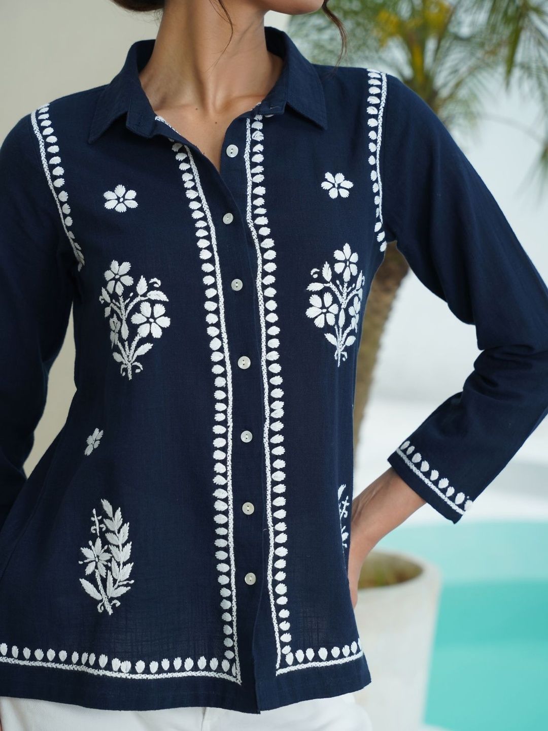 House of Chikankari Women Straight Floral Printed Spread Collar Cotton Baju Kasual