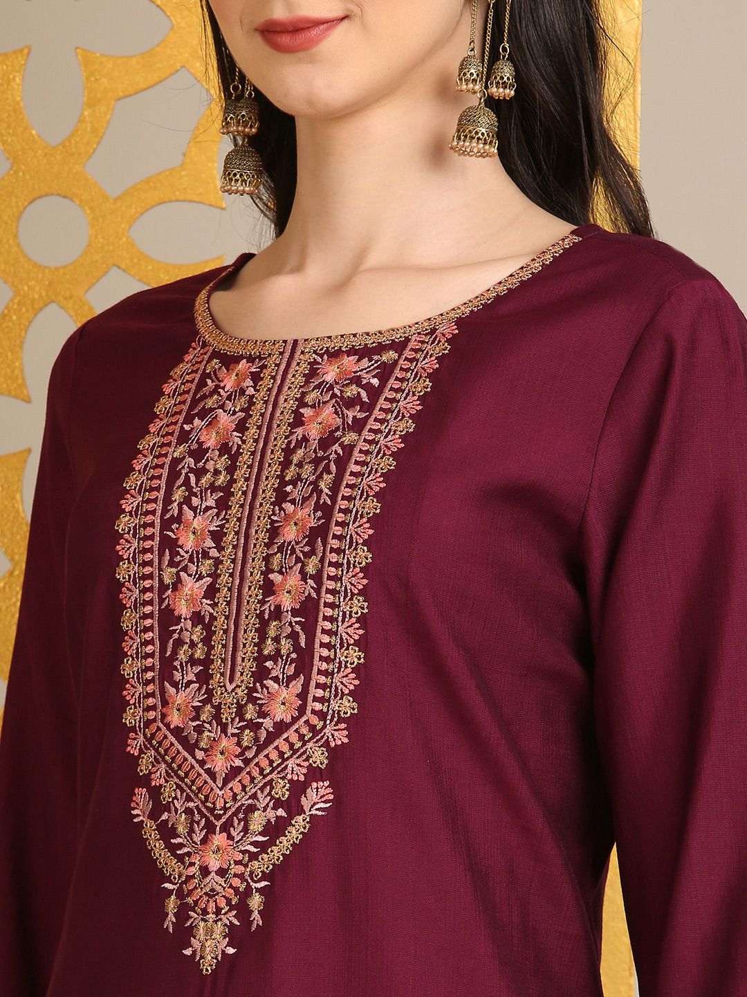 Anouk Maroon Floral Yoke Design Thread Work Straight Kurta With Trouser & Dupatta