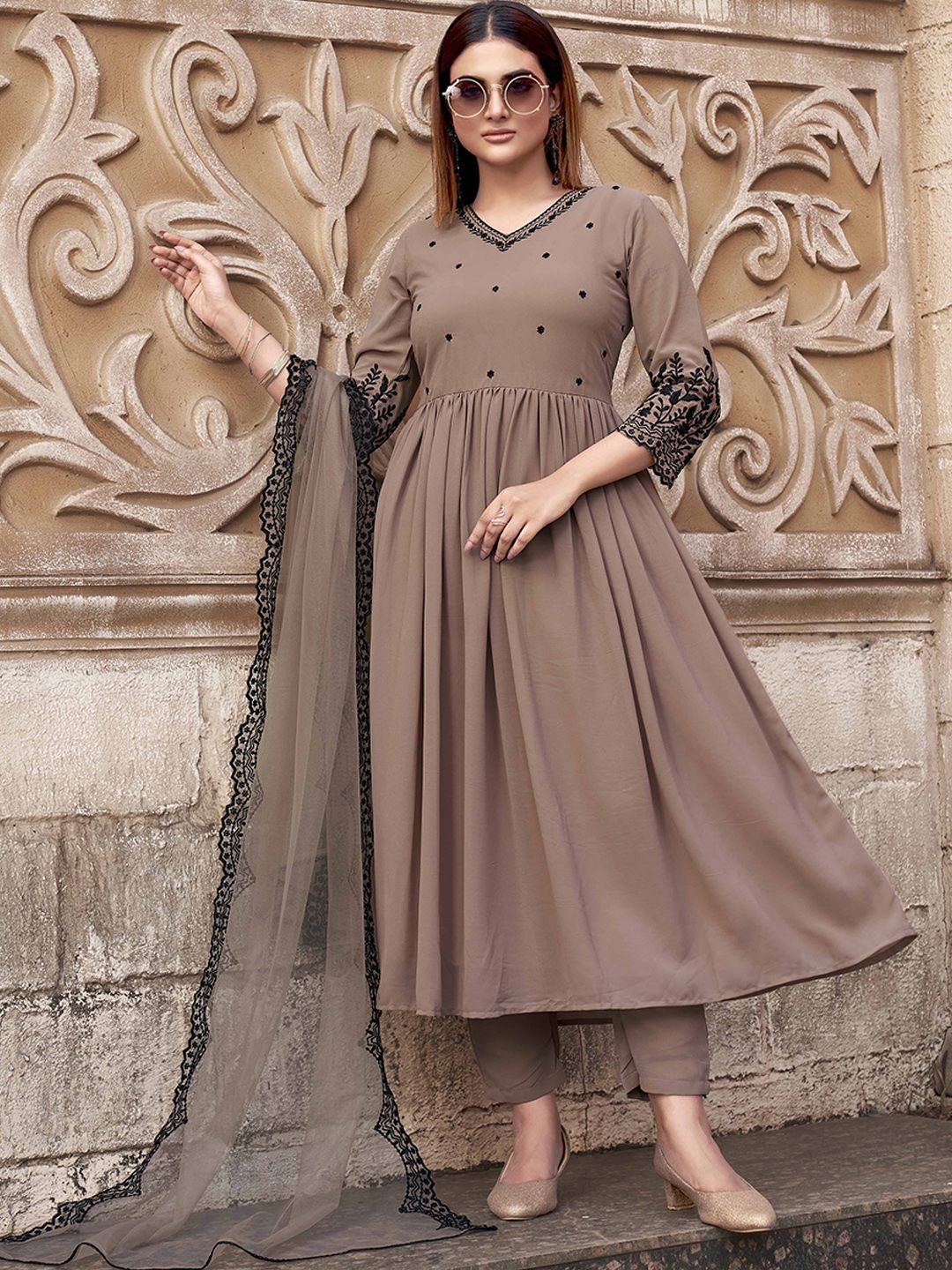 Tikhi Imli Nude Floral Embroidered Thread Work Georgette Kurta With Trouser & Dupatta