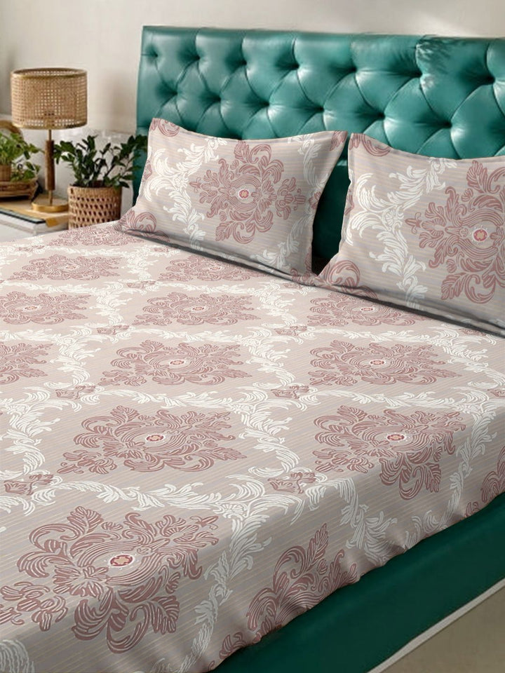 KLOTTHE Beige Ethnic Motifs Polycotton 300 TC King Fine Bedsheet with 2 Pillow Covers-98 x 89 inches