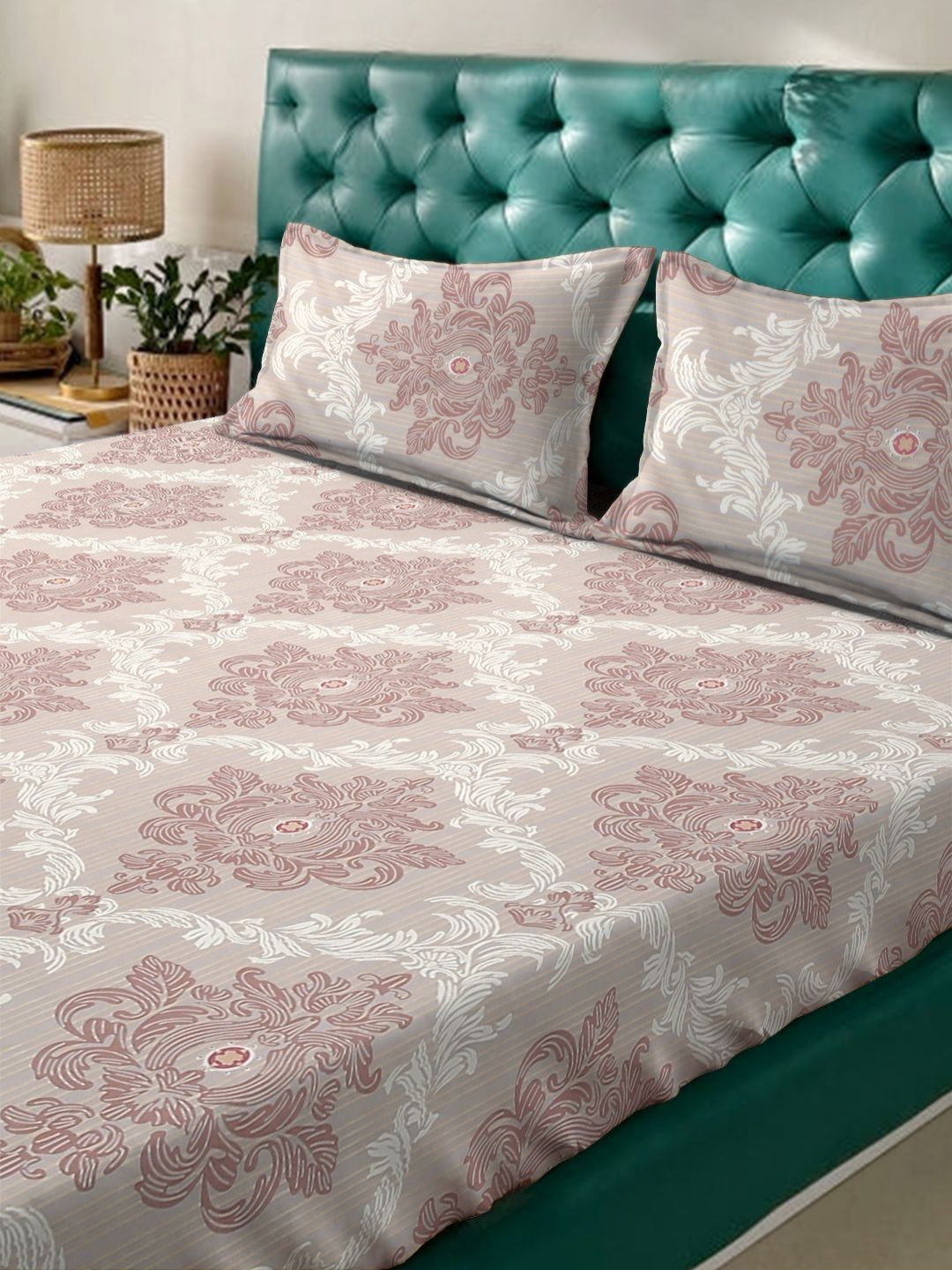 KLOTTHE Beige Ethnic Motifs Polycotton 300 TC King Fine Bedsheet with 2 Pillow Covers-98 x 89 inches