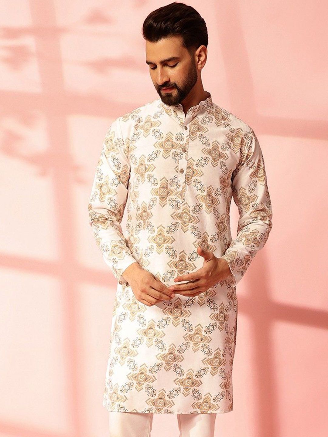 Anouk Geometric Printed Mandarin Collar Cotton Linen Kurta Lurus