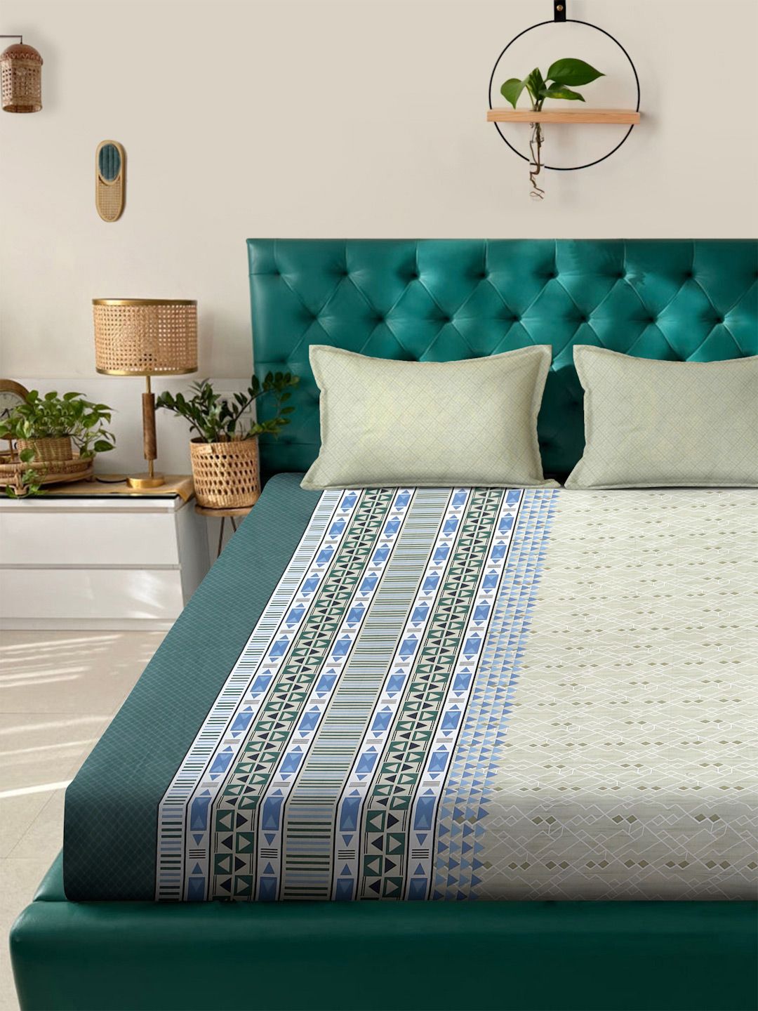 Myntra Elegant Homes Olive Printed Pure Cotton 400TC Super King Bedsheet Set 2.7 x 2.7 m