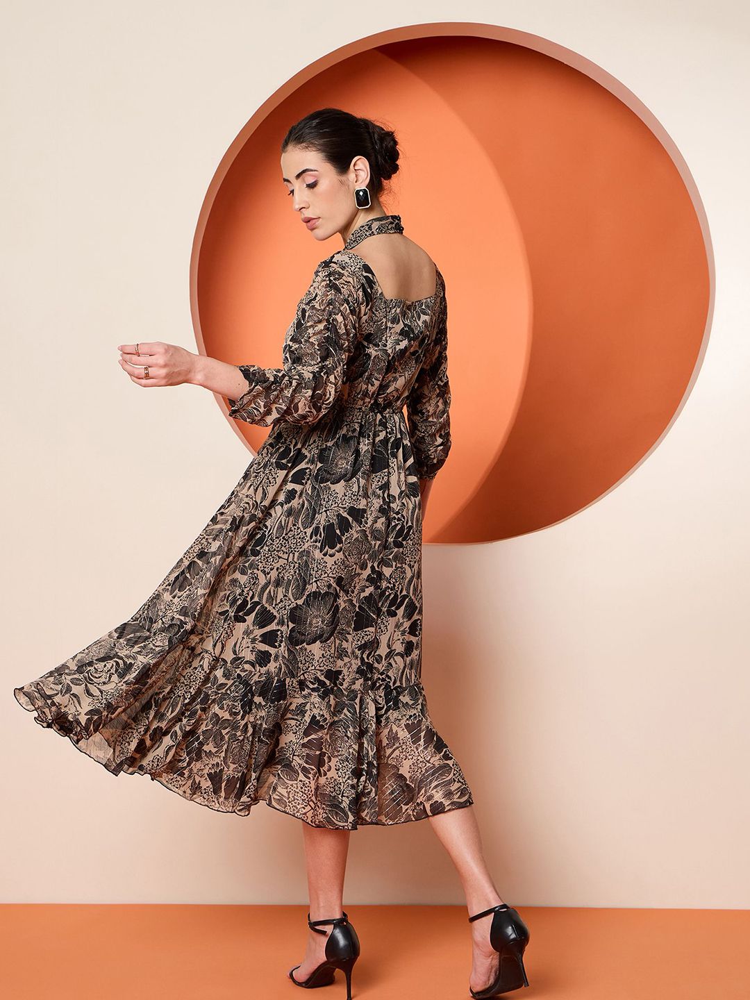 Antheaa Women Embellished Floral Printed Puff Sleeve Fit & Flare Midi Dress