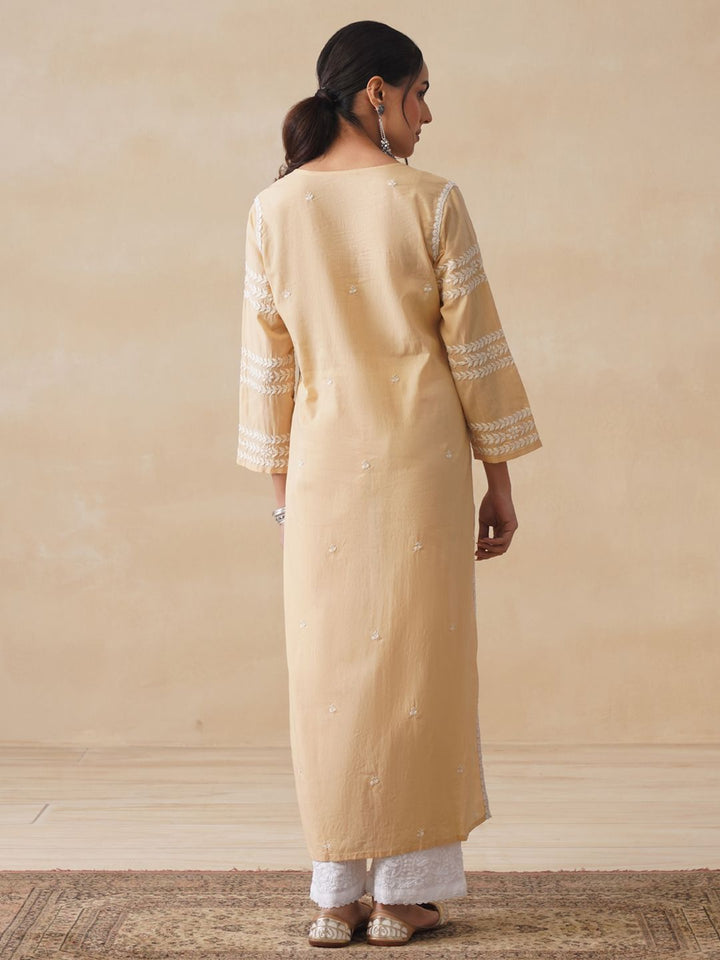 House of Chikankari Women Beige Cotton Chikankari Embroidered Kurta