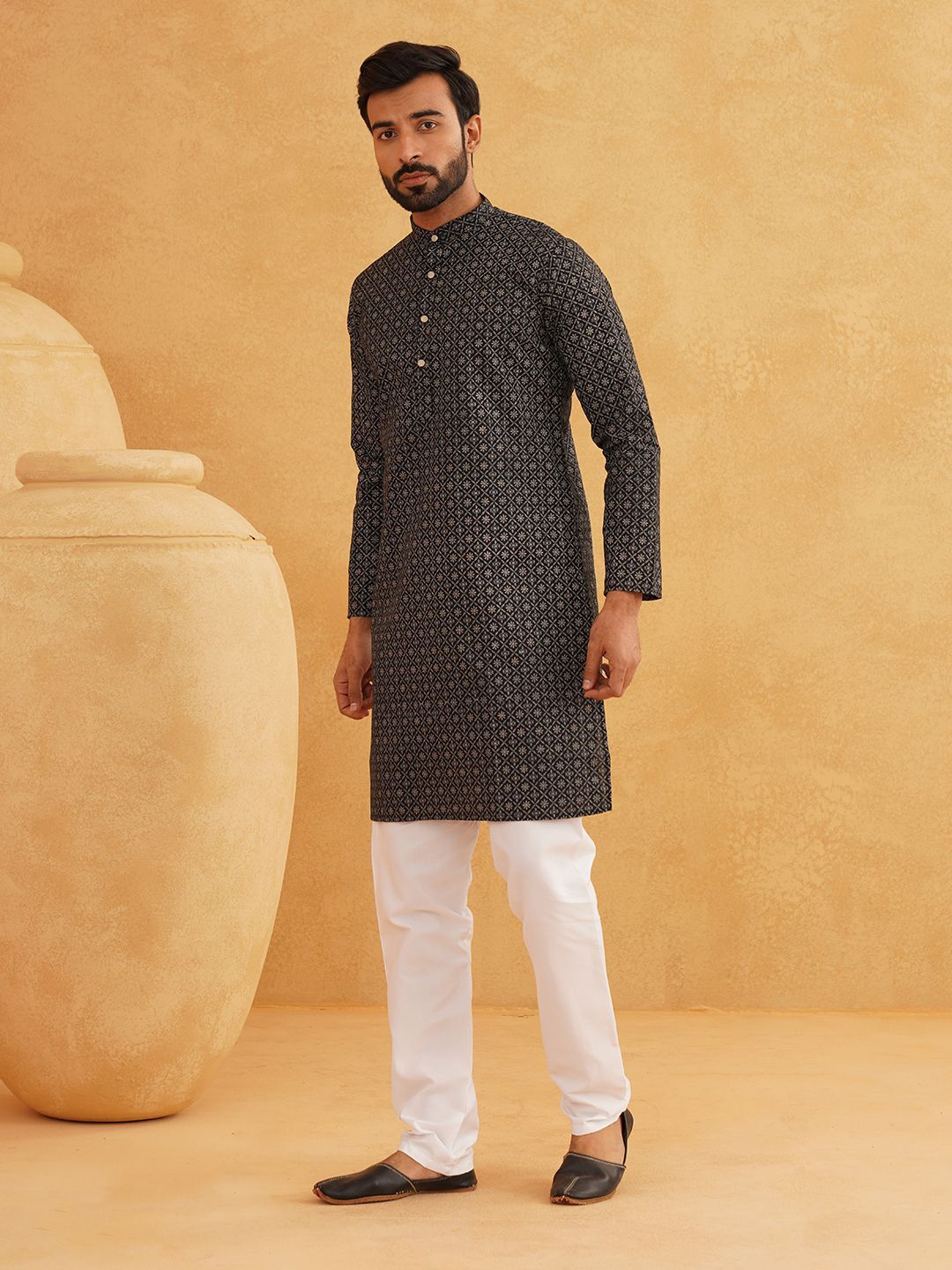 SOJANYA Floral Printed Band Collar Cotton Linen Kurta Lurus Dengan Churidar