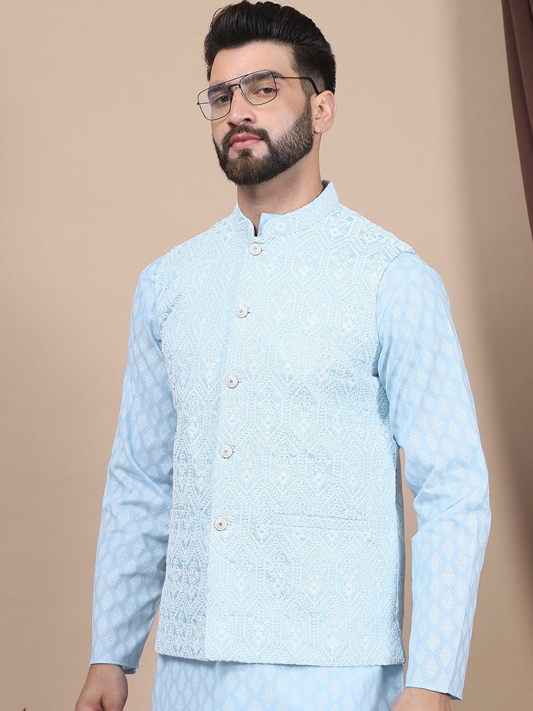 Anouk Floral Printed Regular Pure Cotton Straight Kurta With Churidar & Nehru Jacket