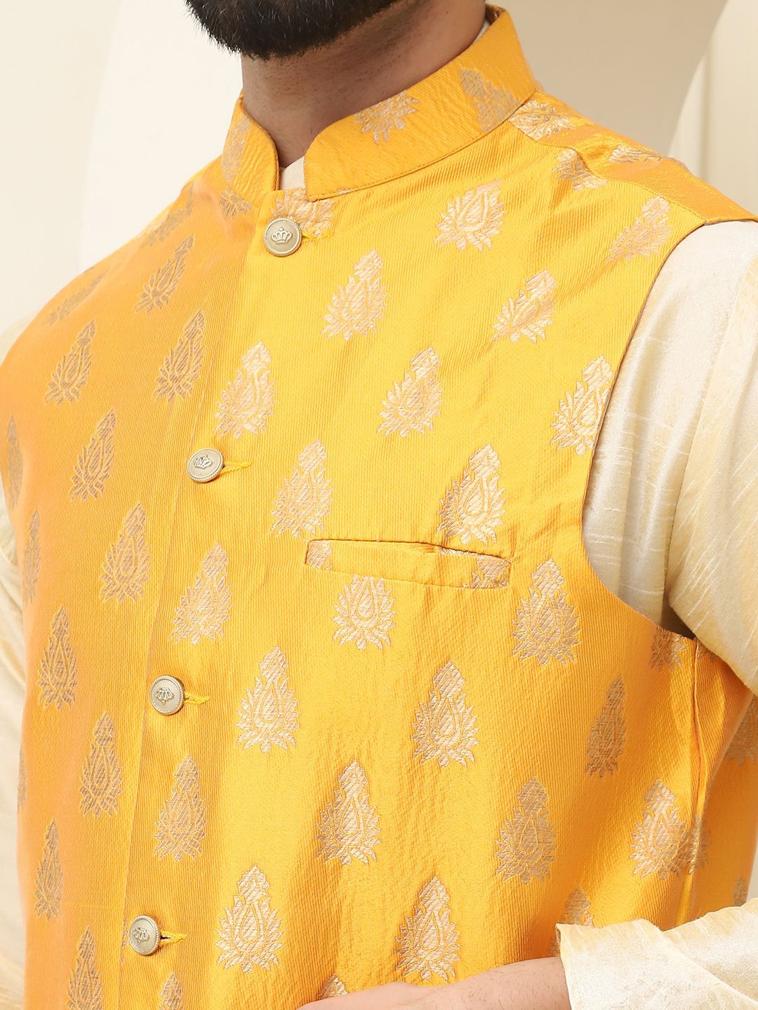 SOJANYA Mandarin Collar Zari Silk Cotton Straight Kurta with Pyjamas & Nehru jacket