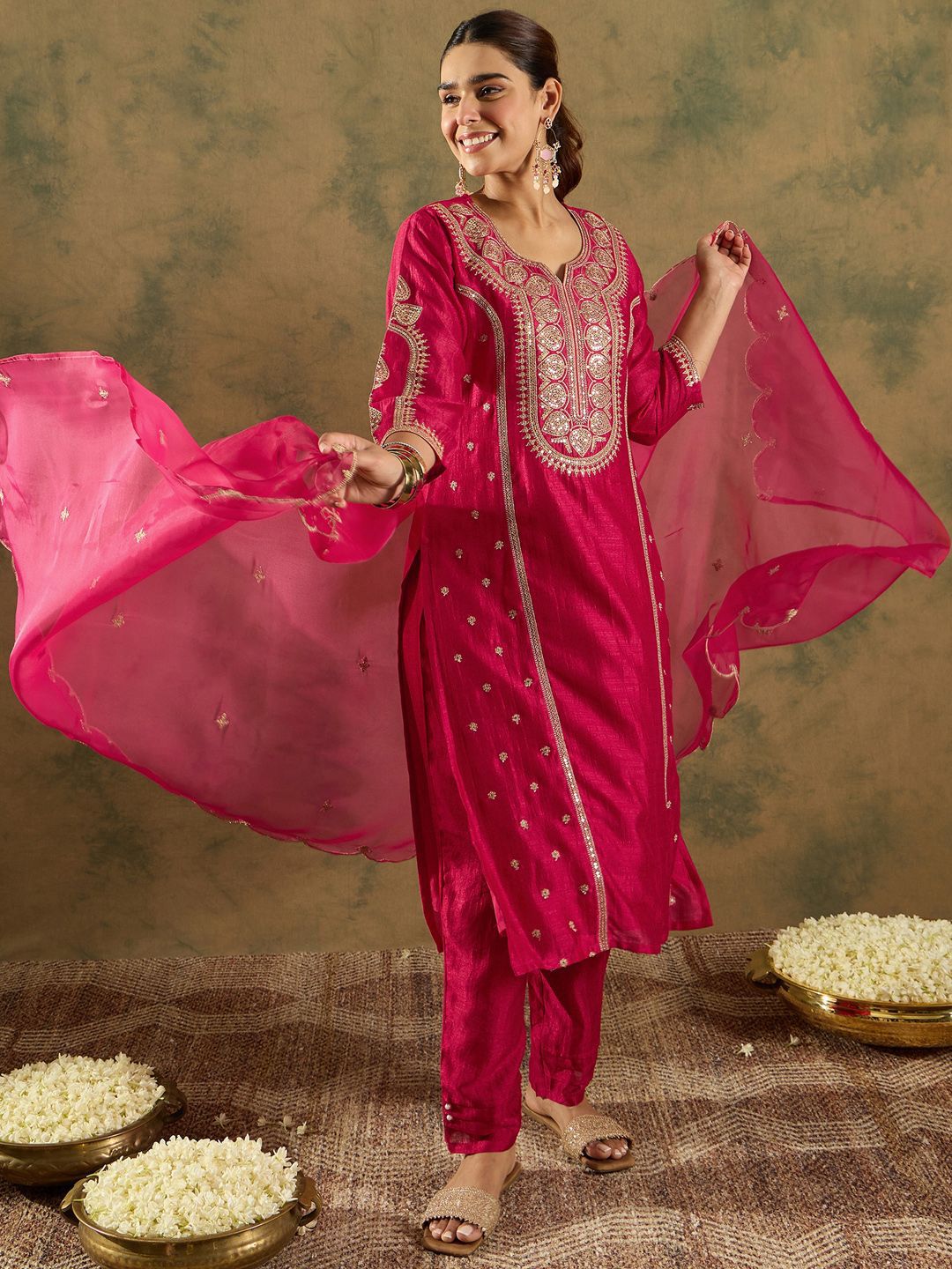Indo Era Ethnic Motifs Embroidered Panelled A-Line Kurta with Trousers & Dupatta