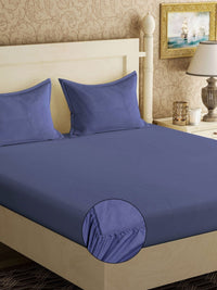 KLOTTHE Blue Cotton Breathable 300 TC Fitted King Bedsheet with 2 Pillow Covers-98 x 89 inches