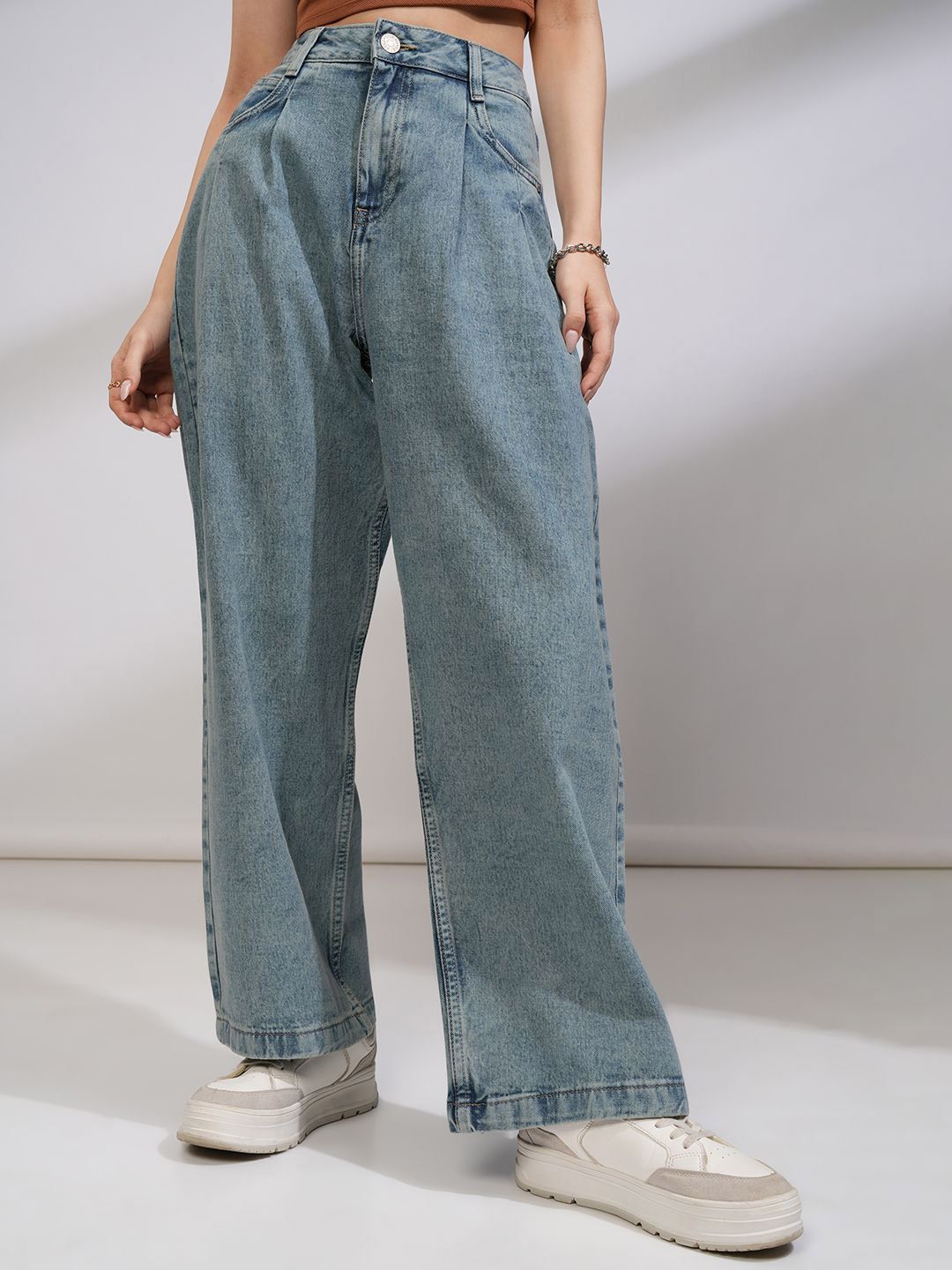 Tokyo Talkies Women High Rise Pleated Wideleg Jeans