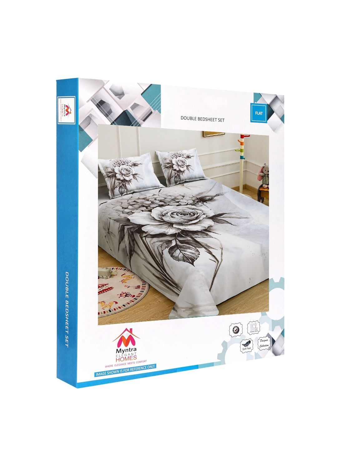 Myntra Elegant Homes Grey Floral 300 TC King Double 7D Bedsheet with 2 Pillow Covers