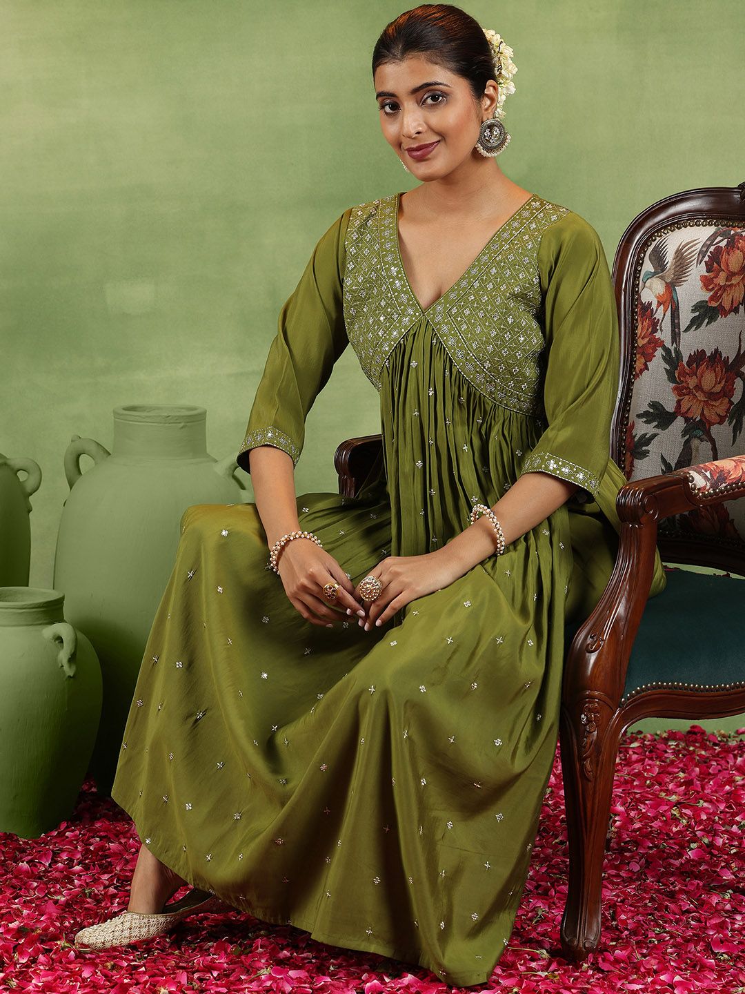 Libas Floral Embroidered V-Neck A-Line Kurta With Trousers