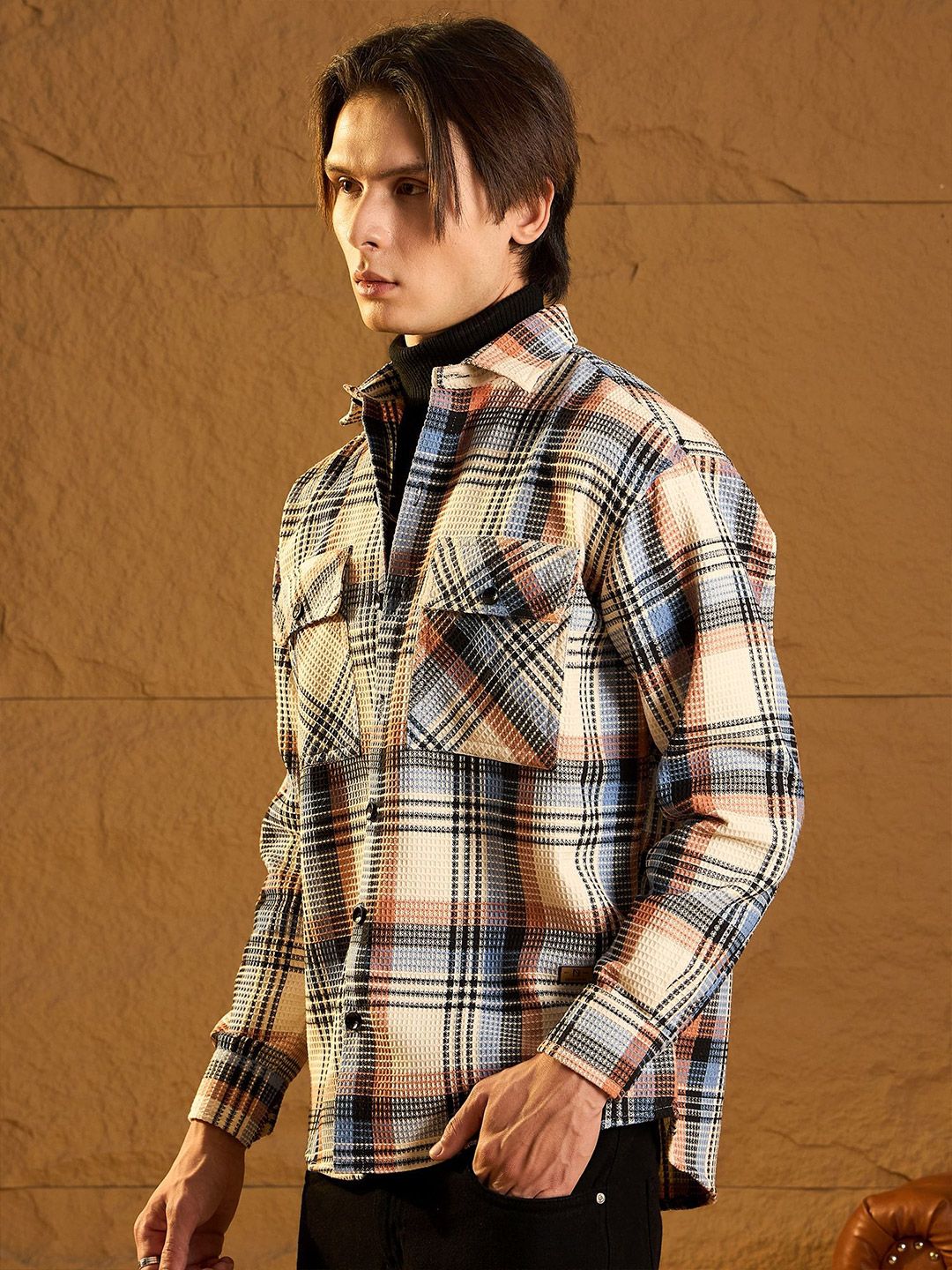 DENNISON Men Double Pocket Drop Shoulder Oversized Cotton Checked Shacket