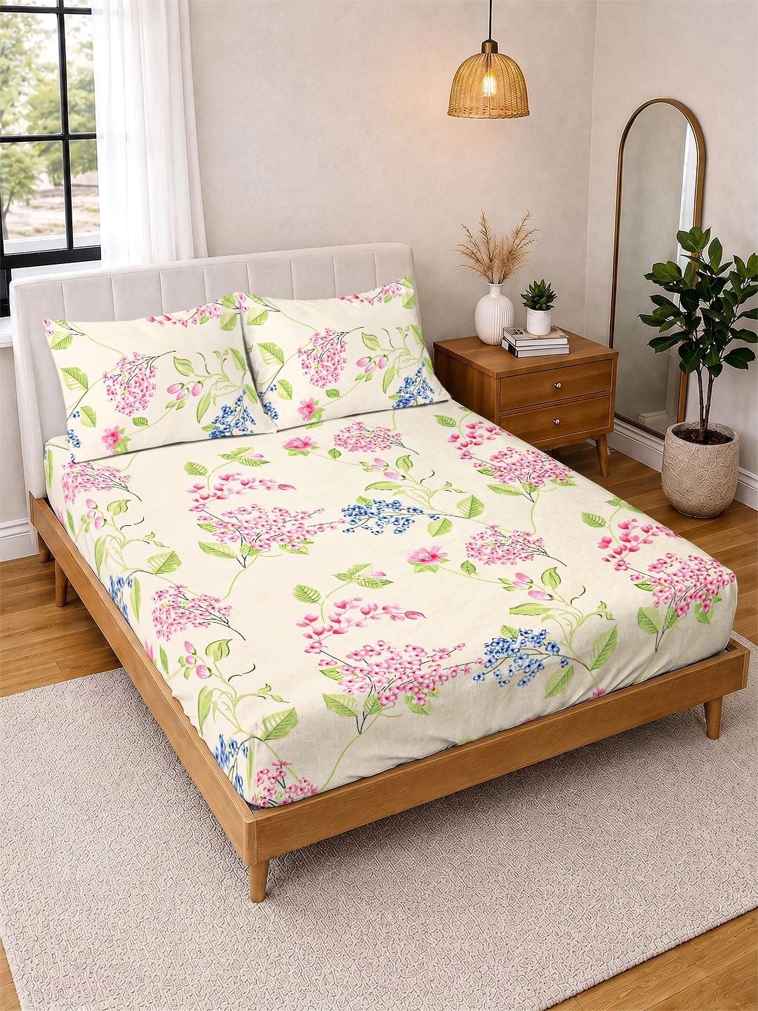 Myntra Elegant Homes Cream-Coloured & Pink Floral 300 TC King Bedsheet with 2 Pillow Covers