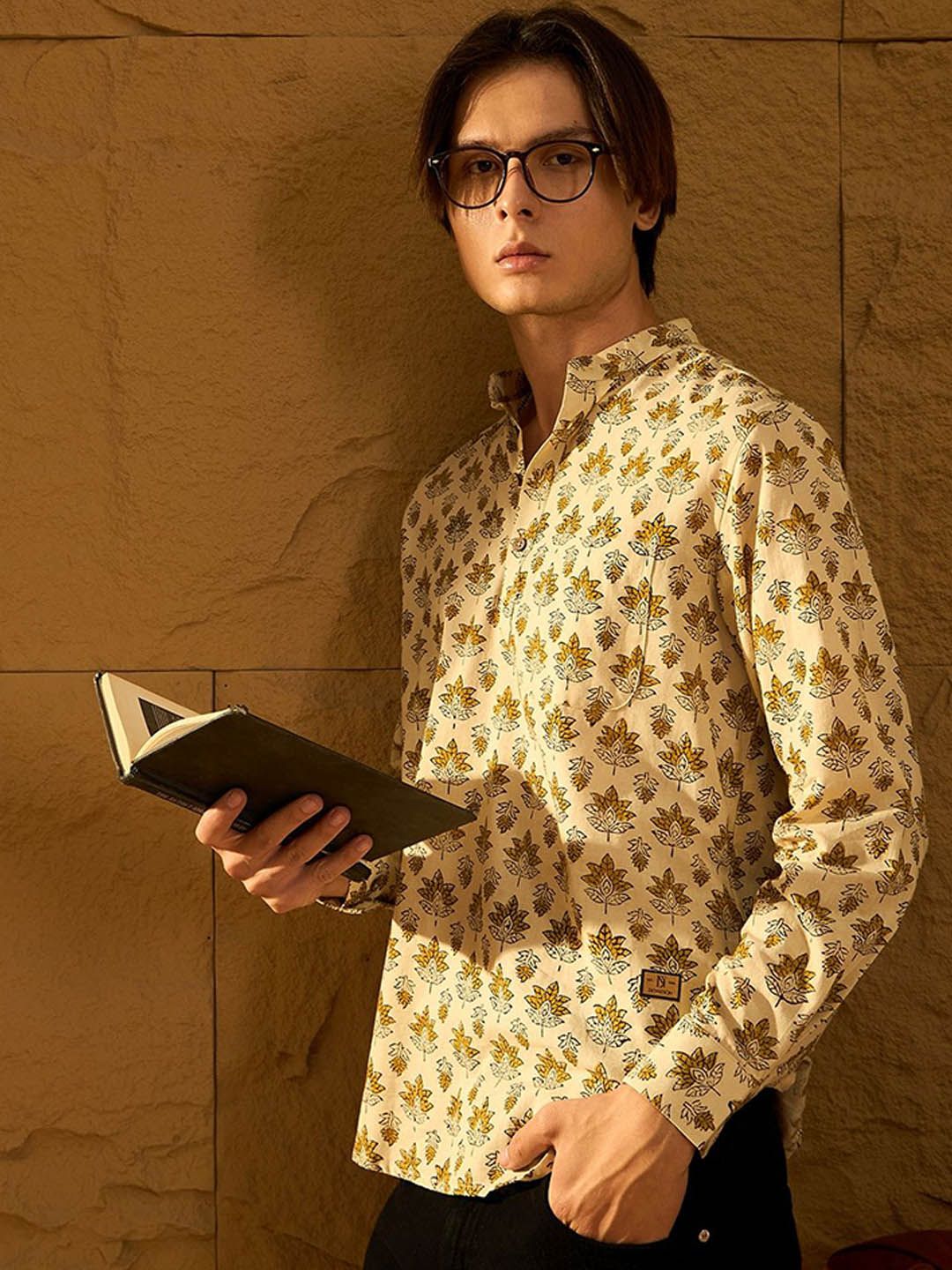 Dennison Floral Block dicetak kapas kolar mandarin pendek kurta pendek