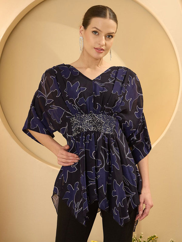Antheaa Floral Printed Embellished Kimono Sleeve Chiffon Kaftan Top