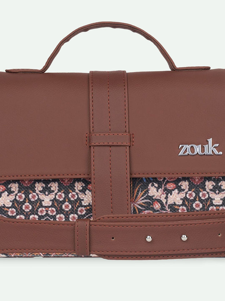 ZOUK Floral Printed Structured Satchel with Cut Work