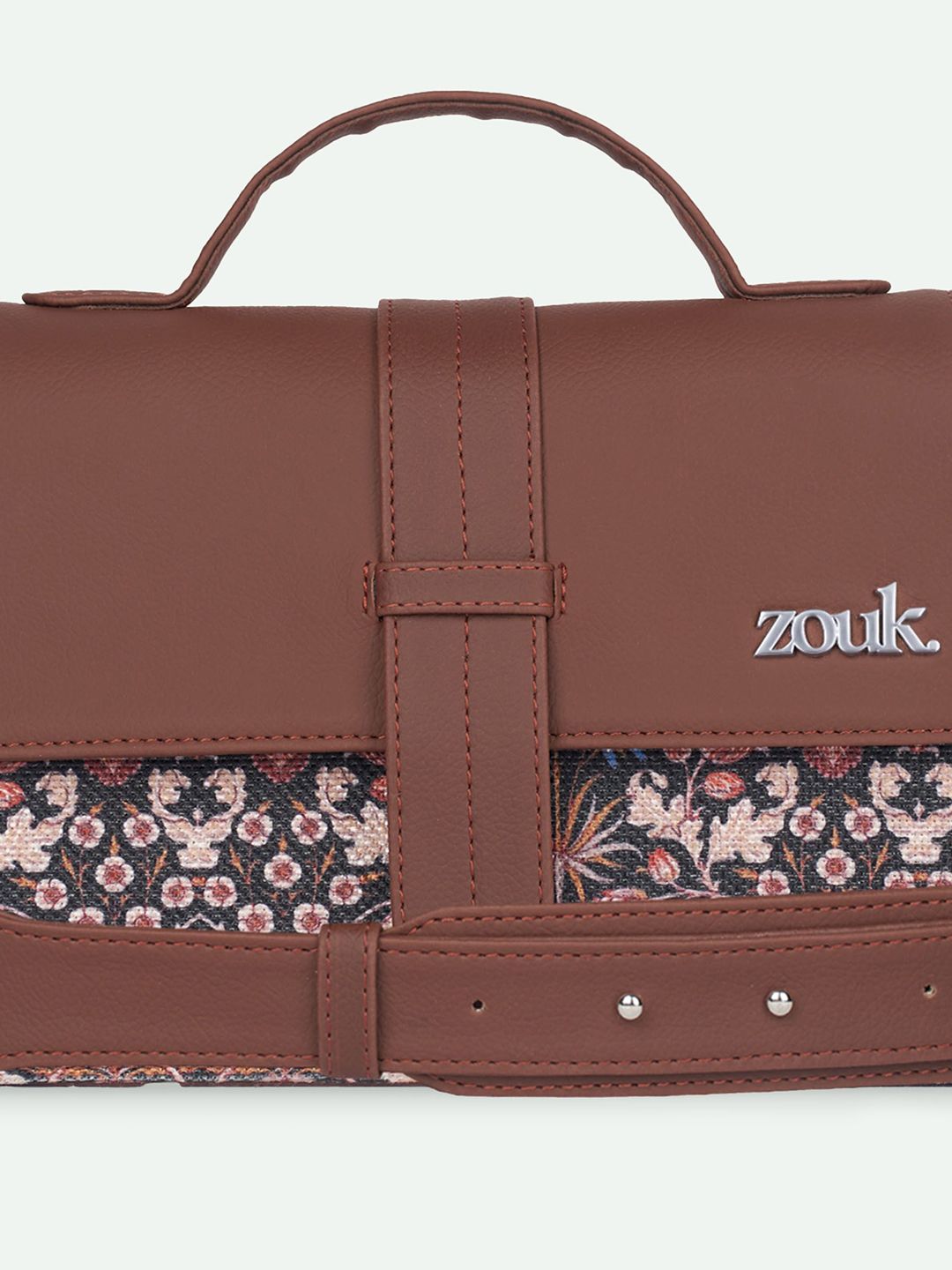 ZOUK Floral Printed Structured Satchel with Cut Work