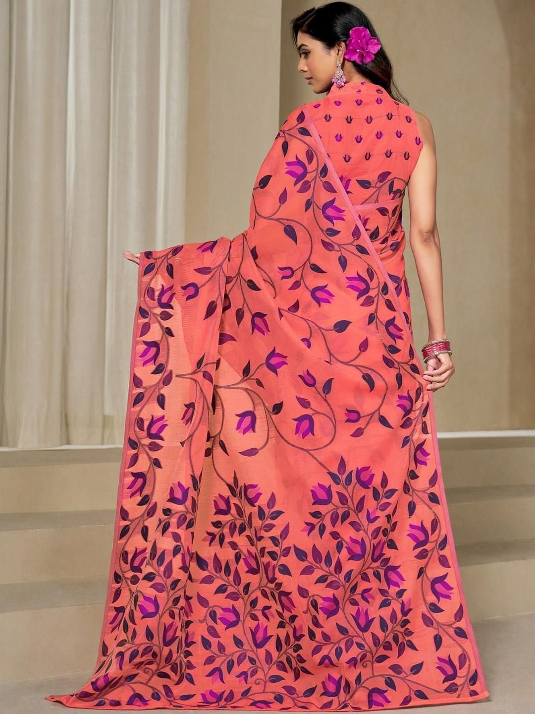 KALINI Orange Pure Cotton Woven Design Sarees