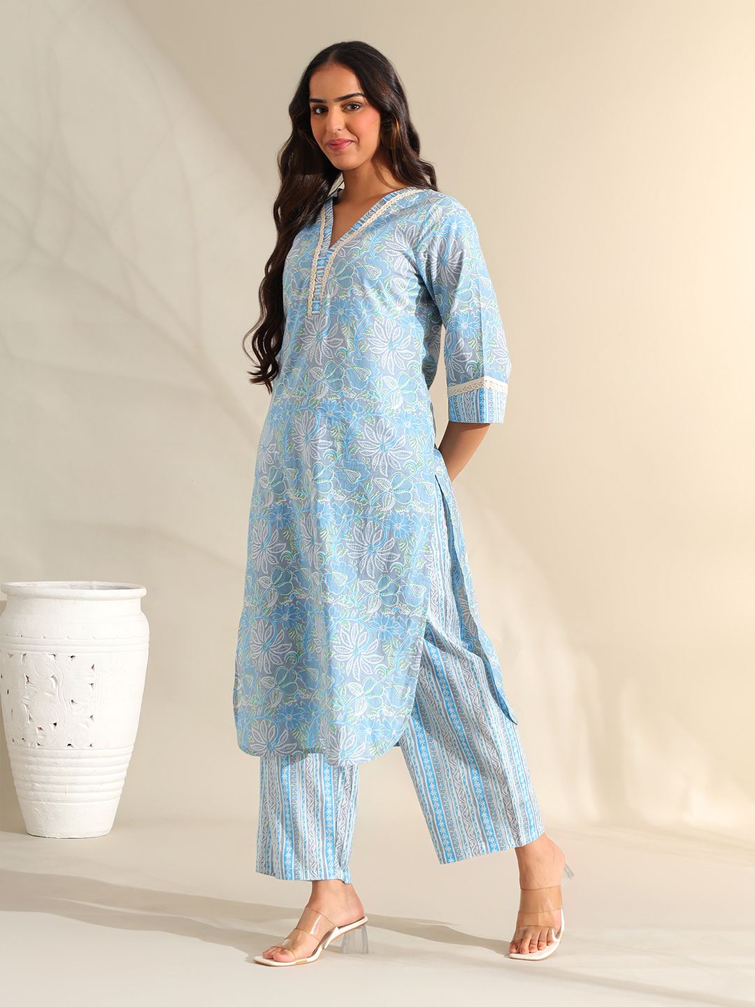Kurta Kapas Tulen Mamicha Wanita Bercetak Bunga Biasa dengan Seluar