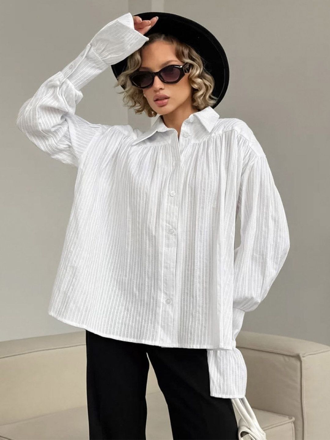 all about you Women Striped Bell Sleeve Cotton Shirt Style Top
