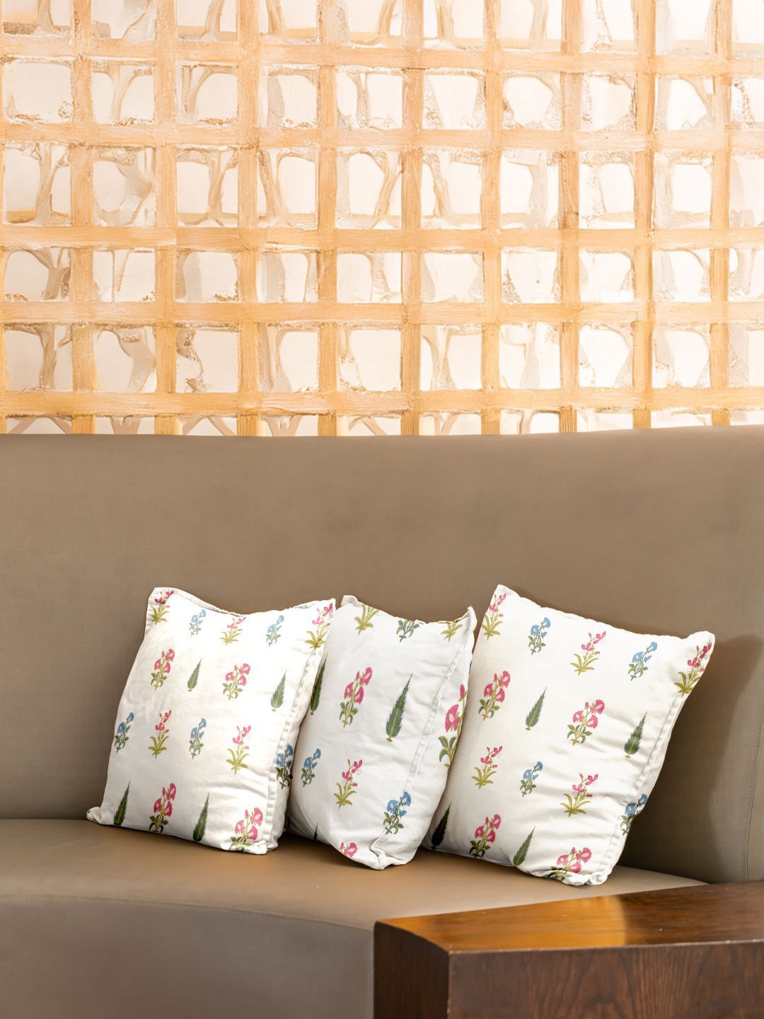 URBAN SPACE White & Green 3 Pieces Floral Printed Cotton Square Cushion Covers