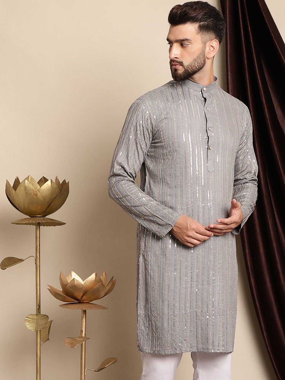 Anouk Floral Embroidered Sequined Pure Cotton Straight Kurta