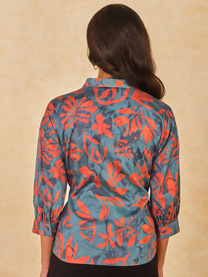 AND Women Abstract Printed Shirt Collar Cotton Top