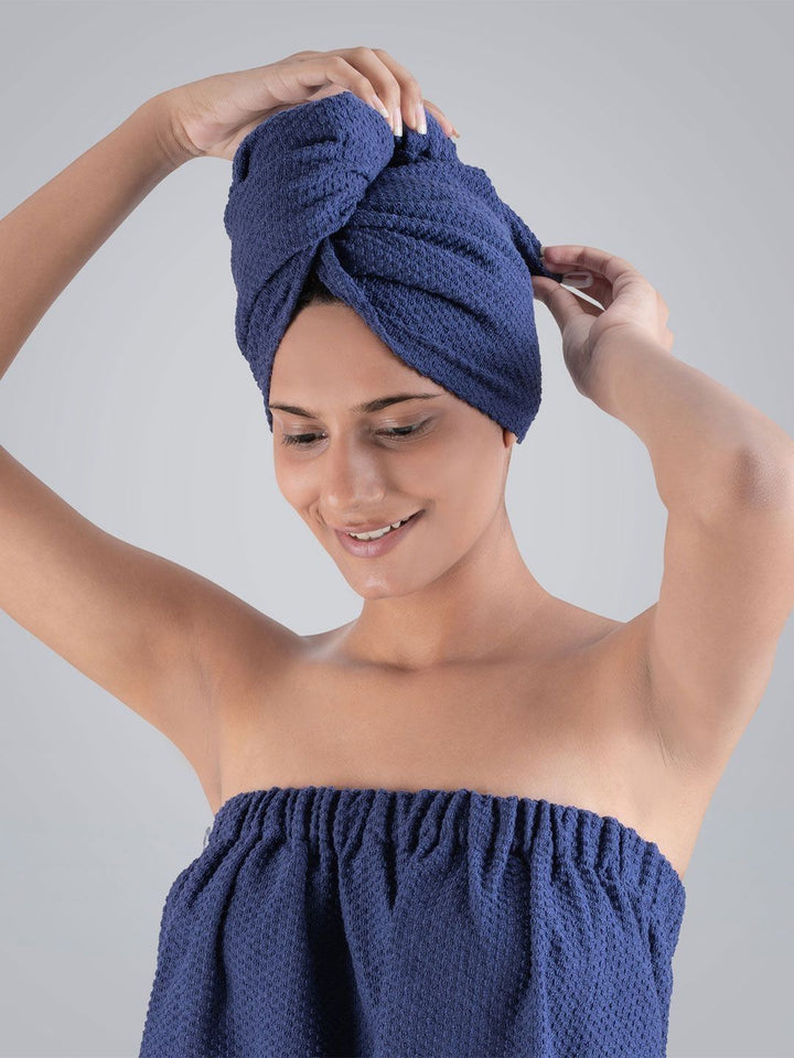 MYTRIDENT Blue Cotton Bath Robe With HeadWrap