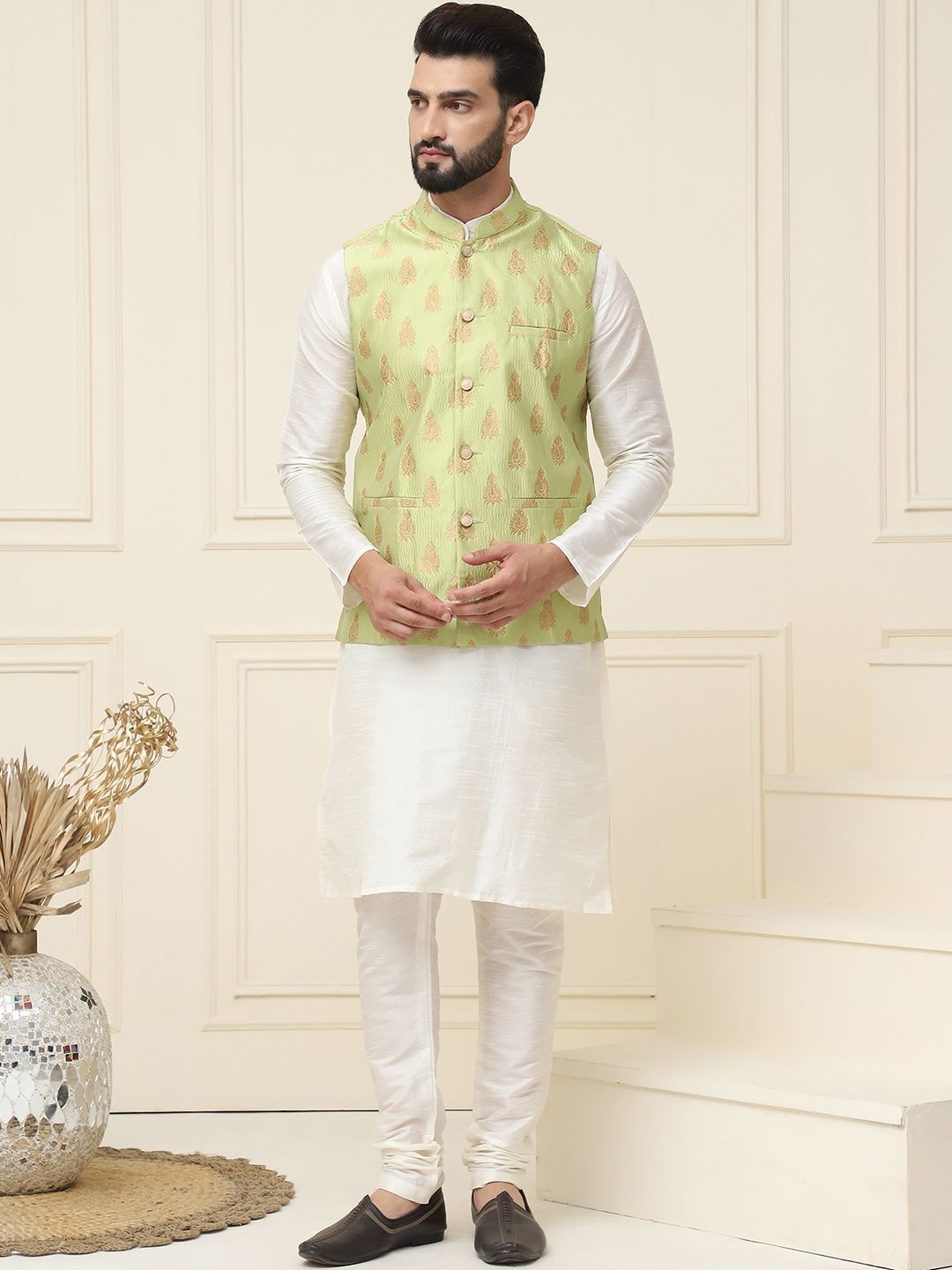 SOJANYA Mandarin Collar Silk Cotton Straight Kurta with Churidar & Nehru jacket