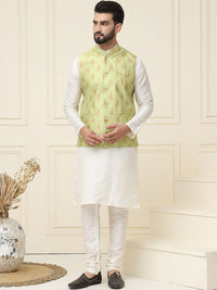 SOJANYA Mandarin Collar Silk Cotton Straight Kurta with Churidar & Nehru jacket