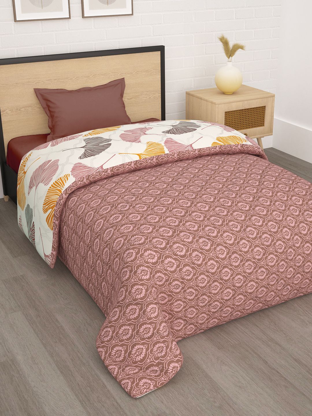 Story@home Beige & Yellow Floral Reversible 120 GSM AC Room Single Bed Comforter