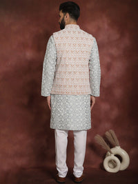 Kurta Lurus Bersulam Bunga Anouk dengan Jaket Churidar & Nehru
