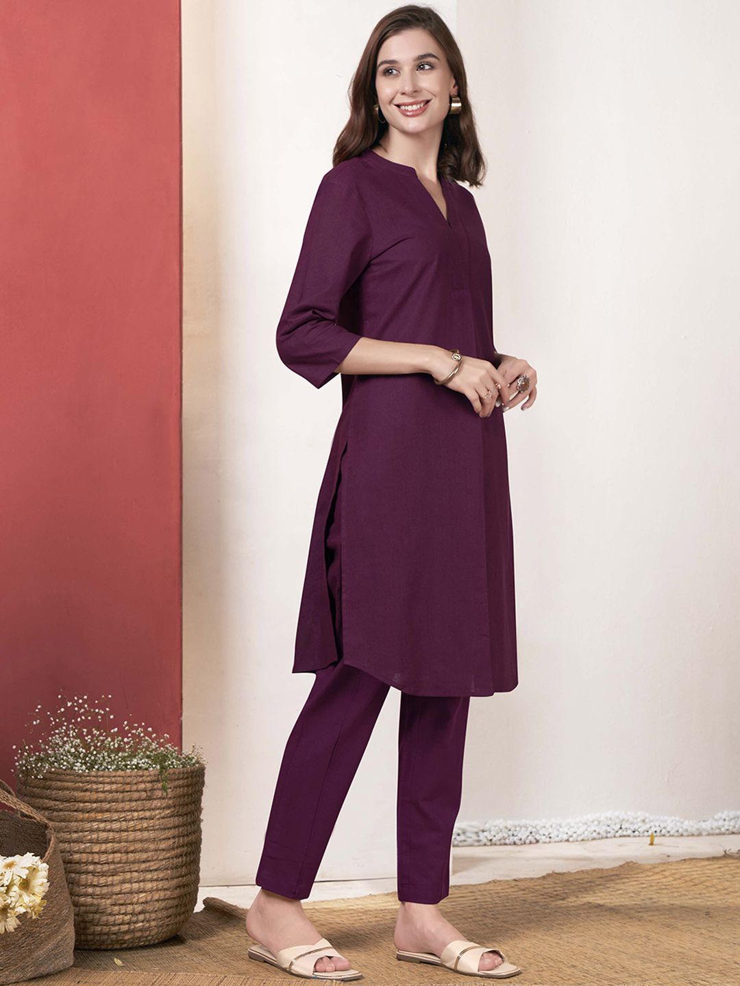 Anouk Purple V-Neck Pure Cotton Tunic With Trousers