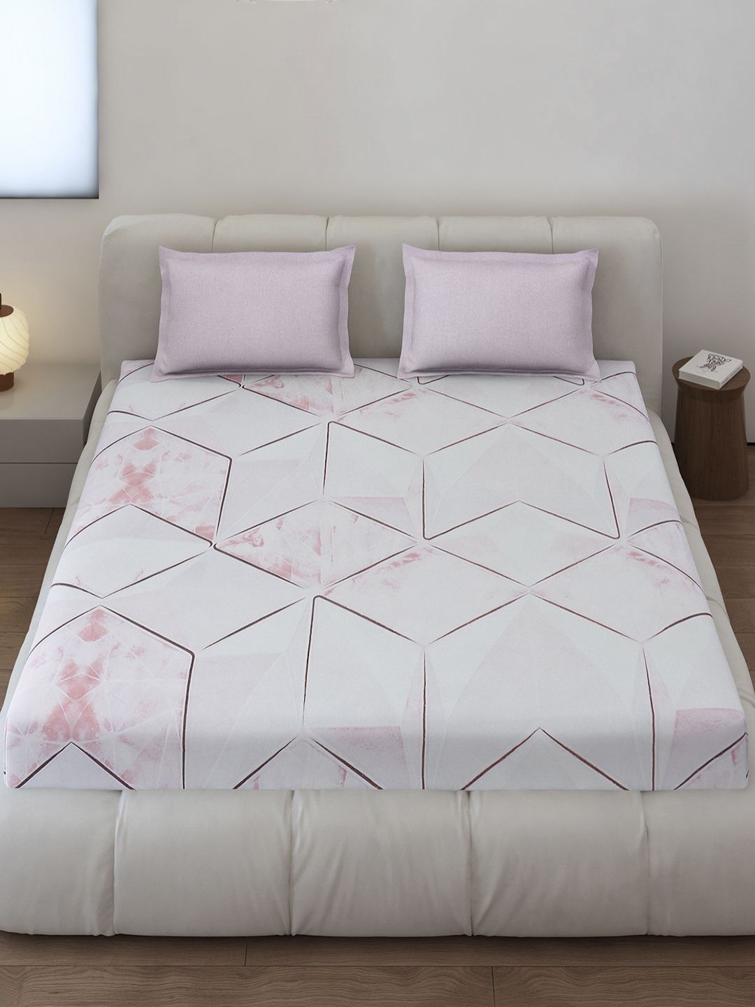 Monte Carlo Stanley Pink & Brown Geometric 144 TC King Bedsheet Set 1.85 m x 1.95 m