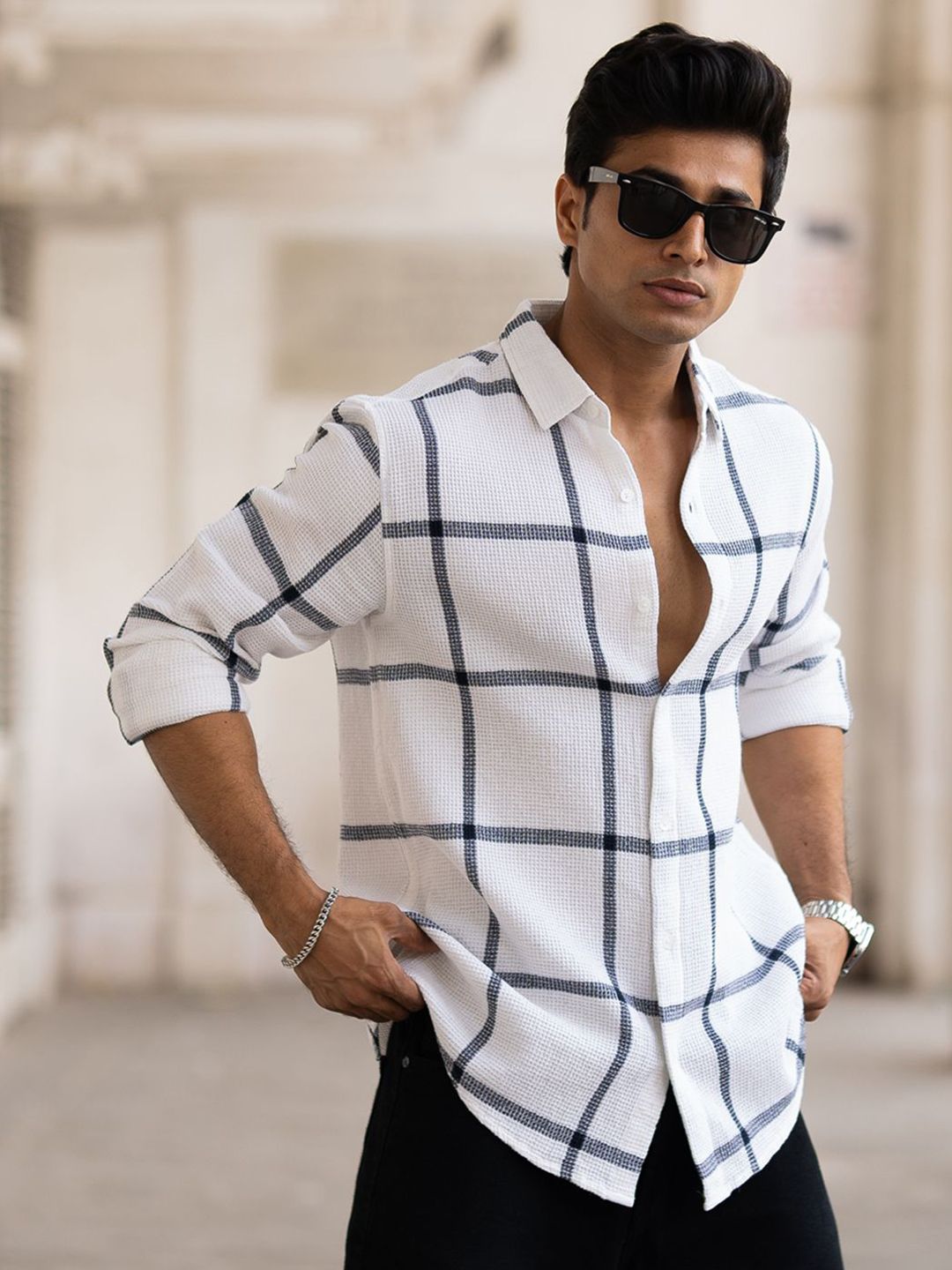 Powerlook Men Windowpane Checks Opaque Checked Casual Shirt