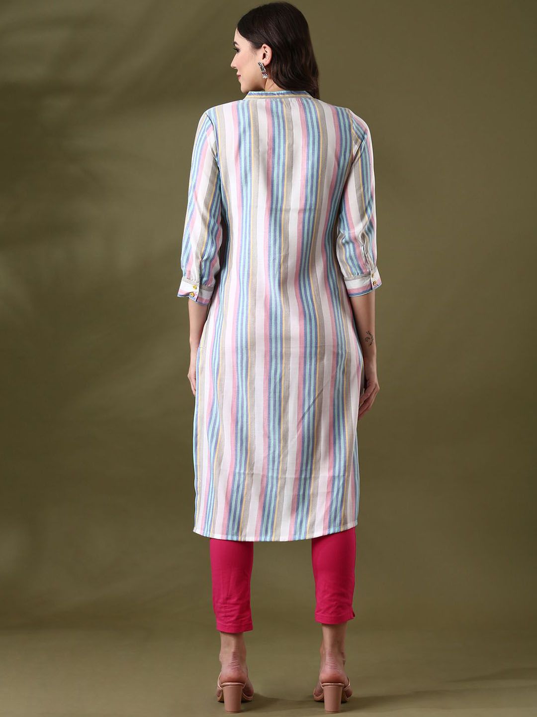 Anouk White Striped Mandarin Collar Pure Cotton Straight Kurta