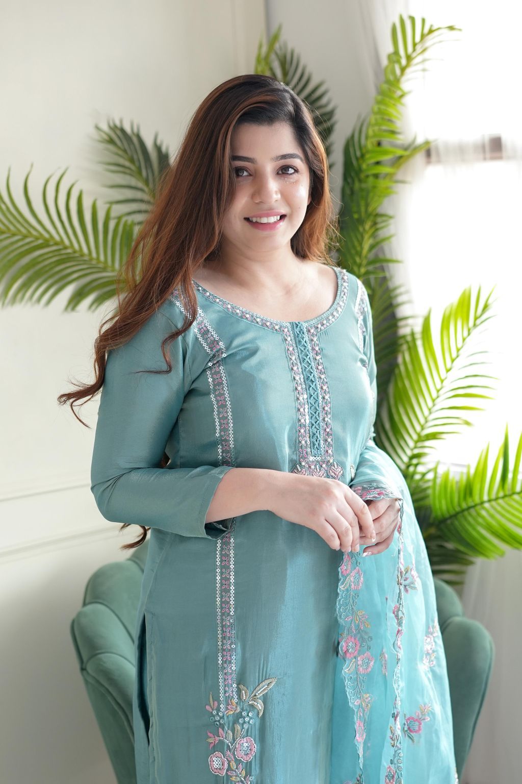 KALINI Floral Embroidered Sequinned Work Round Neck Straight Kurta With Trousers & Dupatta