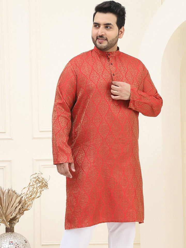 SOJANYA Plus Geometric Woven Design Mandarin Collar Long Sleeve Cotton Silk Straight Kurta