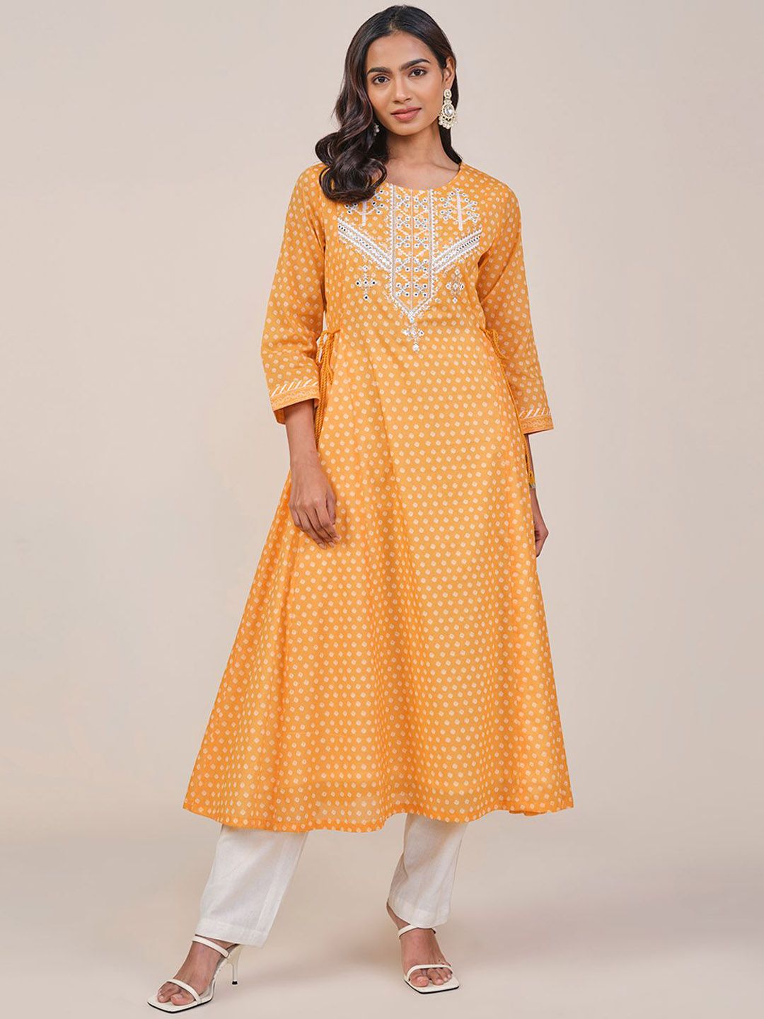 Global Desi Geometric Printed Thread Work Pure Cotton Anarkali Kurta