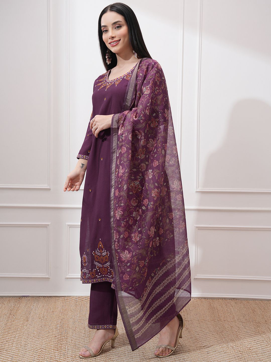 Vishudh Women Ethnic Motifs Embroidered Regular Thread Work Kurta with Trousers & With Dupatta