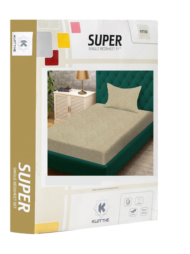 KLOTTHE Beige Printed 300 TC Single Bedsheets With 1 Pillow Covers
