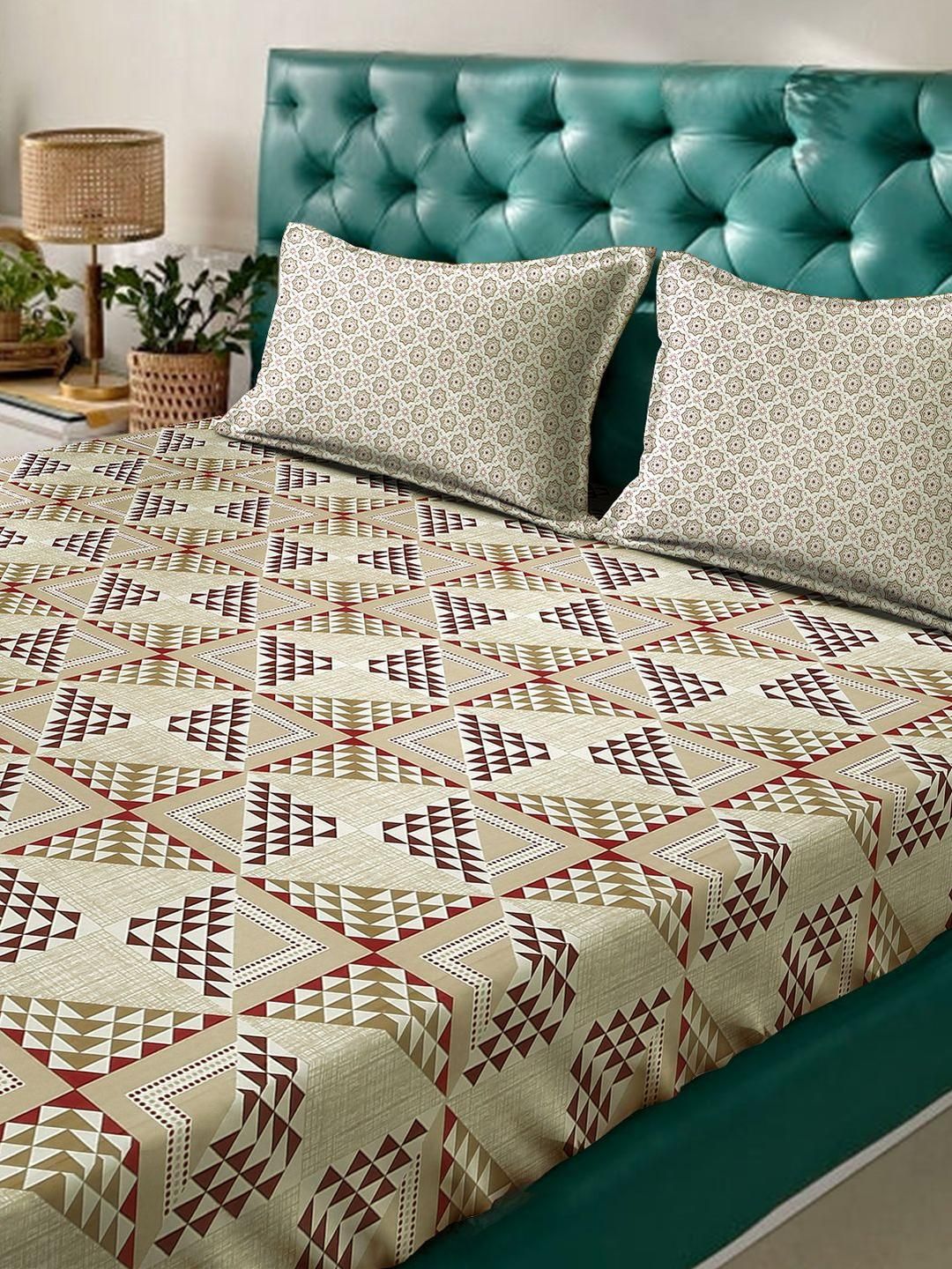 KLOTTHE Beige Geometirc Printed Dilengkapi 400 TC Kapas Cadar King & 2 Sarung Bantal
