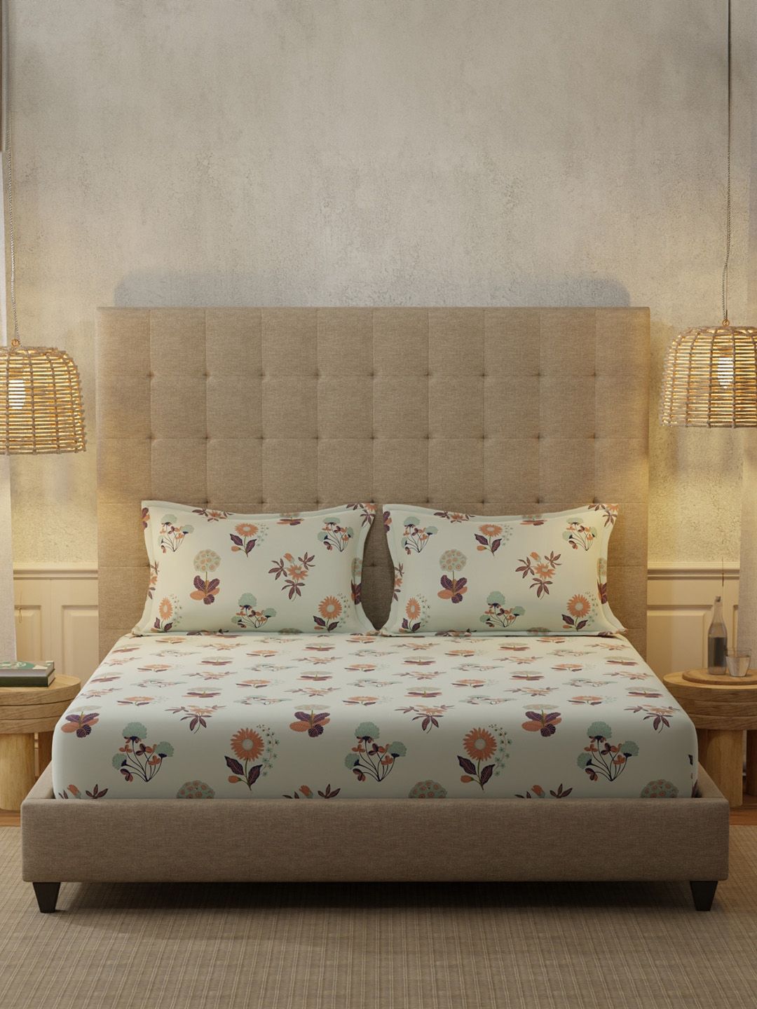 URBAN SPACE Grey Radiance Grey 200 TC Floral Queen Bedsheet